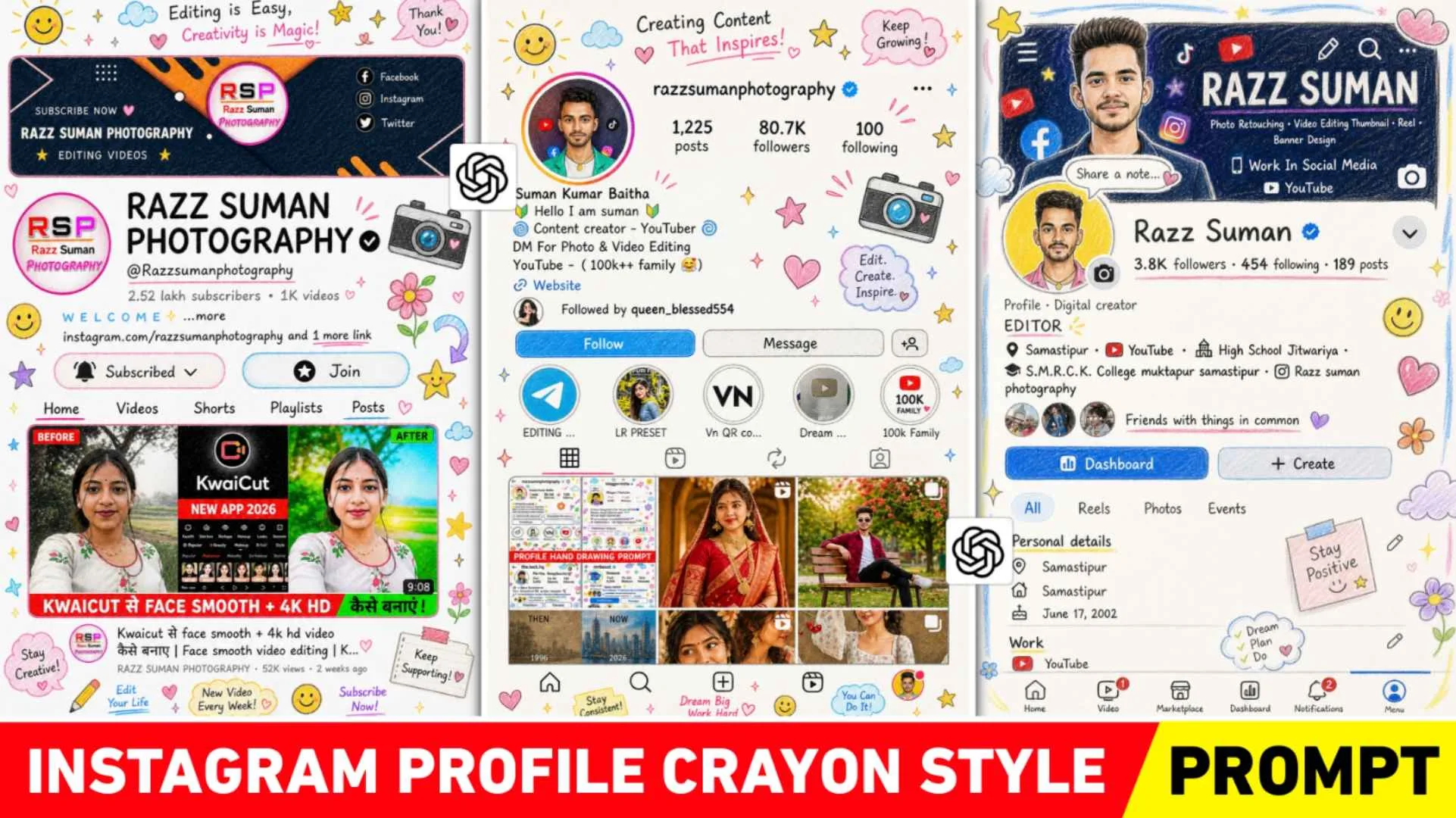 Instagram Profile Hand Drawing Ai Editing Prompts | Crayon Style